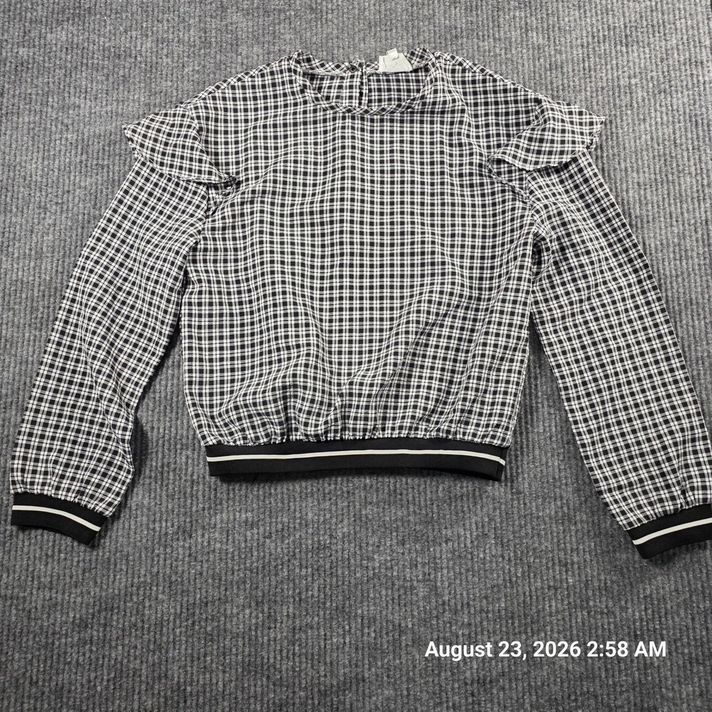 Love+Harmony Womens Black White Plaid Ruffle Shoulder Snap Back Blouse Small